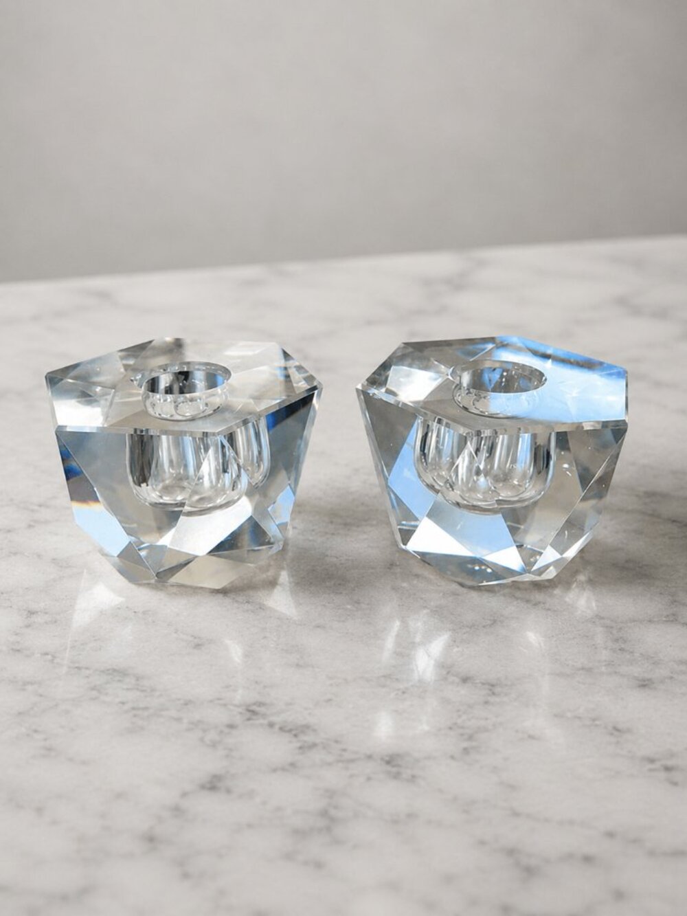 VTG 1950s Hand Cut Crystal Geometric Candle Holders Set of 2 Japan 2"x3"
